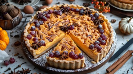   A pie atop a table, adjacent to a knife and a plate with a sliced segment - obrazy, fototapety, plakaty