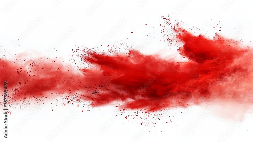 Poster fiery red powder dispersing in explosive burst against stark white dynamic abstract background with 