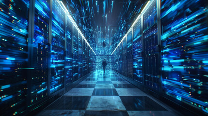 tech data center, rows of servers blue