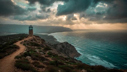 wonderful view of the sea and the mountains running along the sea with one of the watchtower of 5 fingers mauntains in northern cyprus