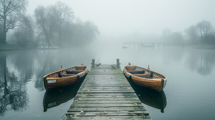 A Misty Morning on a Calm River with rowing Boats moored to a Wooden Jetty Wallpaper Background Cover Magazine Journal Illustration Brainstorming Digital Art - obrazy, fototapety, plakaty