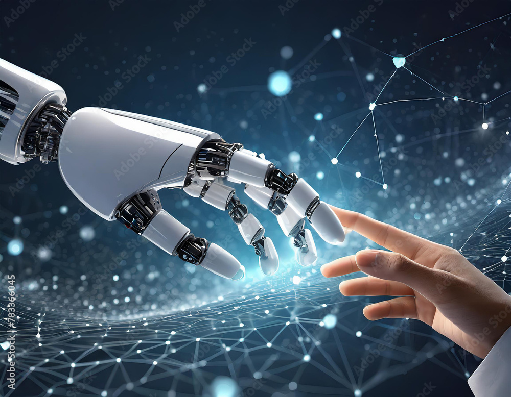 Poster ai technology concept robotic hand reaching out towards human hand against dark backdrop with partic