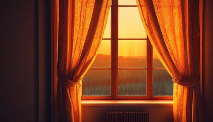 panoramic window with transparent orange curtains background copy space