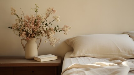 Relaxing bedroom decoration details of bed with natural linen textured bedding, muted neutral aesthetic colors	
