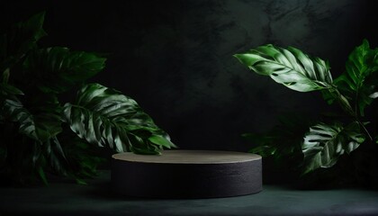 isolated of modern product display with empty podium and green leaves