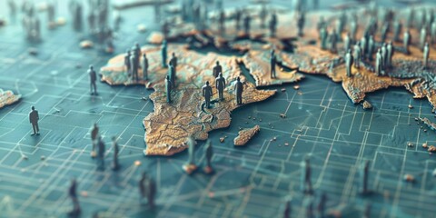 3D map of Northern Africa with many small people standing on it, background is a grey and blue grid pattern, concept for a global network or connectivity between diverse cultures Generative AI