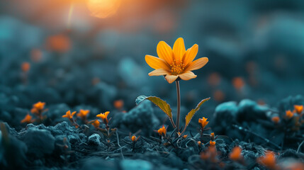A small yellow flower is growing in a field of rocks - obrazy, fototapety, plakaty