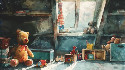 forgotten childhood toys in an old attic nostalgic watercolor illustration