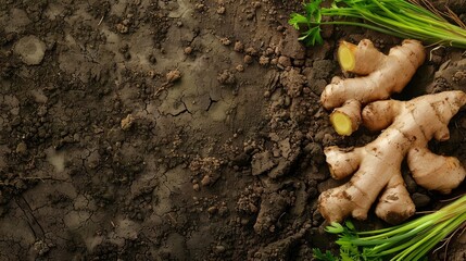 fresh ginger root with rough skin texture and green shoots scattered on earthy soil background organic ingredient photography - obrazy, fototapety, plakaty