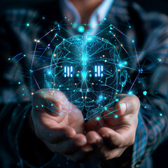 Person in a dark room holding a digital brain graphic with glowing lines and nodes presenting Artificial Intelligence database system and abstract cloud network data analysis. 