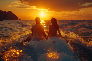 A couple embarking on a sunset cruise, sailing along the coastline and basking in the beauty of the...