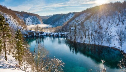 winter in plitvice lakes national park lika senj county karlovac county croatia - obrazy, fototapety, plakaty