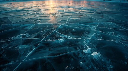 frozen lake with cracked ice patterns at dusk abstract winter photography - obrazy, fototapety, plakaty