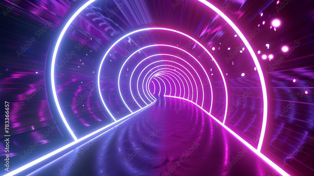 Poster futuristic 3d neon tunnel with glowing lines and floating particles abstract technology background i