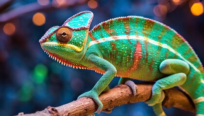 colorful chameleon perched on a tree branch with vibrant neon light effect digital art