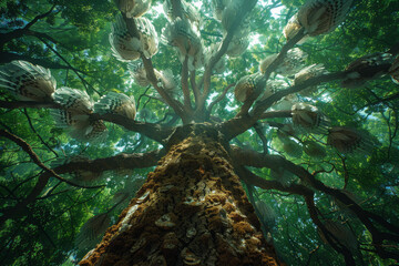 A tree with branches that sprout feathers instead of leaves, creating a surreal canopy in the...