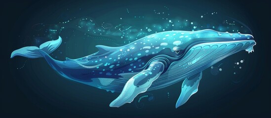 Majestic whale glides through the sea surrounded by shimmering bubbles rising to the surface