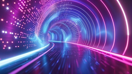futuristic 3d neon tunnel with glowing lines and floating particles abstract technology background illustration