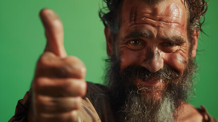 
a man with a beard giving a thumbs up sign with his hand and smiling at the camera with a green background - obrazy, fototapety, plakaty