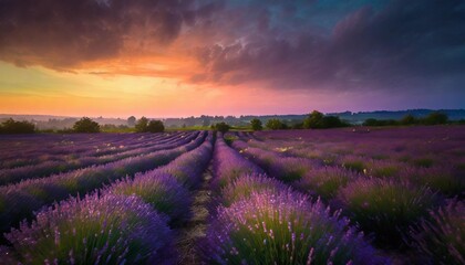 lavender field in bloom with colorful sky at dusk