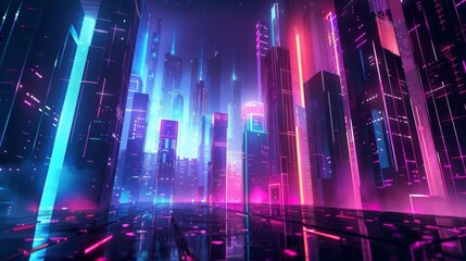 futuristic abstract cityscape with glowing neon lights and sleek geometric structures