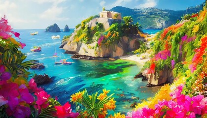 paints decorated with colorful vegetation and cozy bays like pieces of paradise on ea - obrazy, fototapety, plakaty