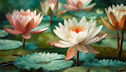 Foto op Canvas beautiful watercolor desktop background of lotus water lilies in bloom generative ai © Michelle