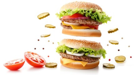 Big burger with pieces of beef and fresh vegetables on white background