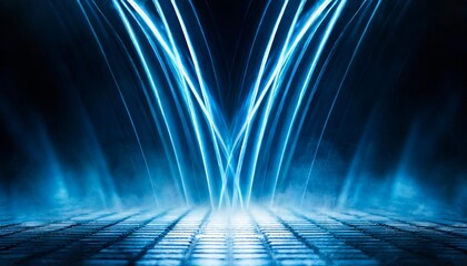 abstract neon blue lines on black background illuminated reflections on ground scene science sci fi and technology concept - obrazy, fototapety, plakaty