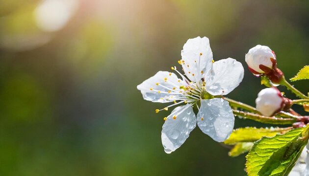 spring cherry blossoming with rain drops blurry bokeh light background single white sakura flowers with dreamy in evening image beautiful nature scene with blooming spring flower