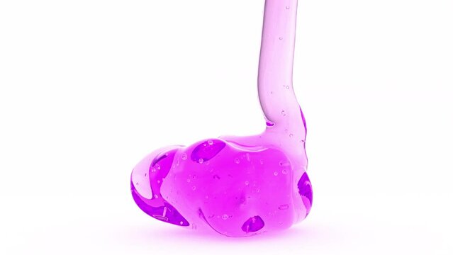 animation of pink viscous liquid substance like a toothpaste or gel with bubbles flowing into transparent vessel, 3D closeup animated template
