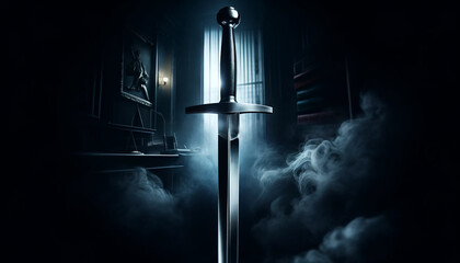 Close-up of a steel, sharp sword held vertically against a dark, foggy background. The sword represents the strength and determination of justice, with a subtle reflection of the courtroom on the blad
