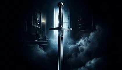 Fotobehang Close-up of a steel, sharp sword held vertically against a dark, foggy background. The sword represents the strength and determination of justice, with a subtle reflection of the courtroom on the blad © Jakob