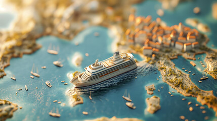 Miniature Ship on Textured Mediterranean Map - obrazy, fototapety, plakaty