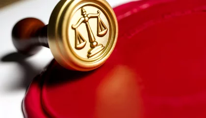 Fotobehang Close-up of an embossed gold seal with the scales of justice engraved on it. The seal is imprinted in red wax on an official document, symbolizing the authority and integrity of legal proceedings. © Jakob