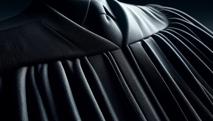 Close-up of the textured fabric of a black judge's robe. Symbolizing the dignity and severity of judicial responsibility.