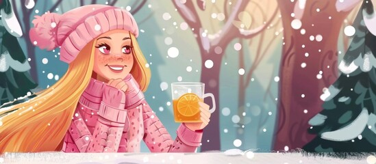 Young animated female character wearing winter attire, standing with a glass of freshly squeezed orange juice