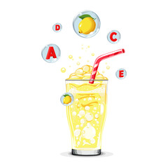 Healthy yellow lemon oxygen cocktail with air bubbles. Isolated vector summer drink for design