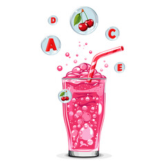 Healthy pink cherry oxygen cocktail with air bubbles. Isolated vector summer drink for design