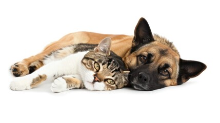 Obraz premium cat and dog lying on white background