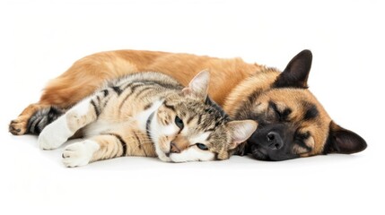 Obraz premium cat and dog lying on white background