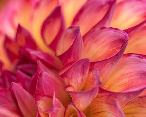 Close up of pink, red and yellow petals on a pink dahlia flower in bloom.