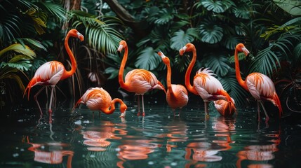 Three Flamingos Standing in Water Surrounded by Trees
