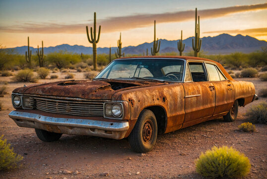 An old car is parked in the desert. The car is rusty and has a faded paint job. The desert landscape is barren and desolate, with no signs of life. The car seems to be abandoned.