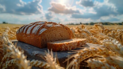   A loaf of bread atop a wooden cutting board in a wheat field, beneath a cloudy blue sky - obrazy, fototapety, plakaty