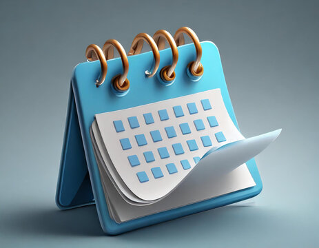Blue calendar 3d icon date schedule isolated on background with empty time reminder plan appointment agenda concept or white paper organizer planner calender and blank timetable meeting