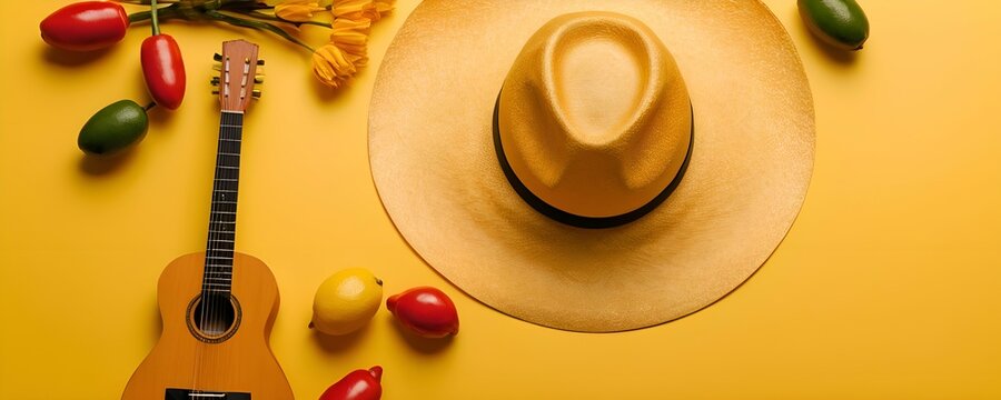 Colorful banner with a modern minimalistic image of the Mexican Cinco de Mayo holiday, warm yellow background, top view of a hat, maracas, guitar with free space for text insertion