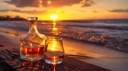 a glass of whiskey and an accompanying whiskey bottle placed on a wooden surface - obrazy, fototapety, plakaty