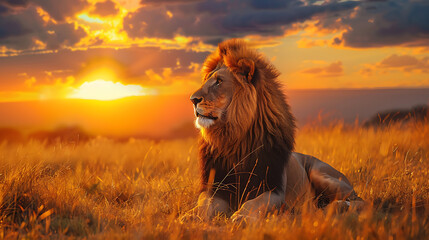 a majestic lion seated amidst tall grass, its gaze fixed on the distant horizon during a breathtaking sunset - obrazy, fototapety, plakaty