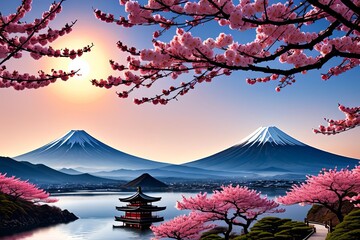 Japanese sunset over tranquil landscape, featuring traditional pagoda silhouetted against radiant sky. Blend of vibrant colors captures essence of peace.For art, creative projects, fashion, magazines. - obrazy, fototapety, plakaty